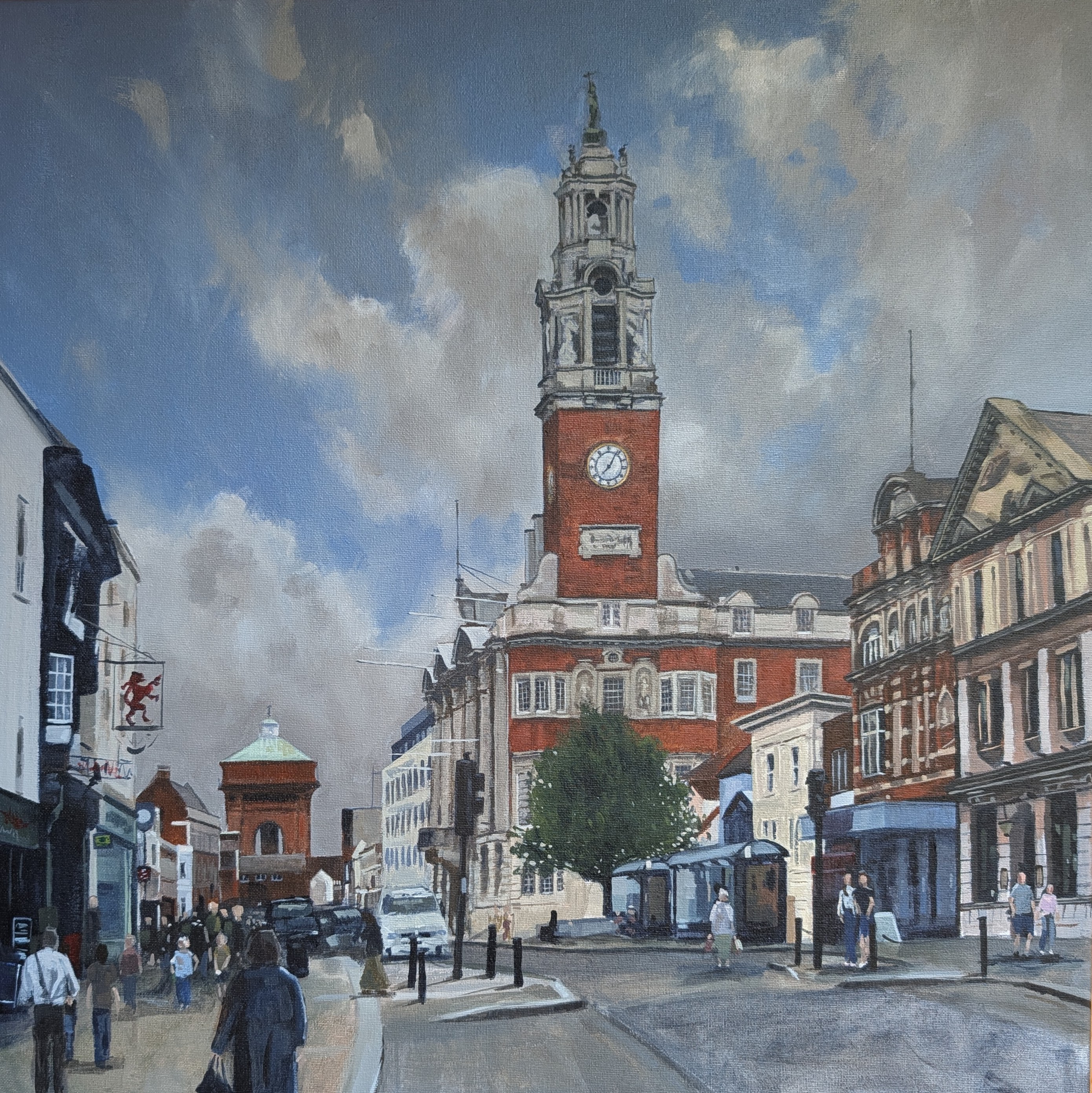 Colchester High Street, with the Town Hall, and Jumbo water tower in the distance — acrylic on canvas, street scene with the town hall clock tower and pedestrians