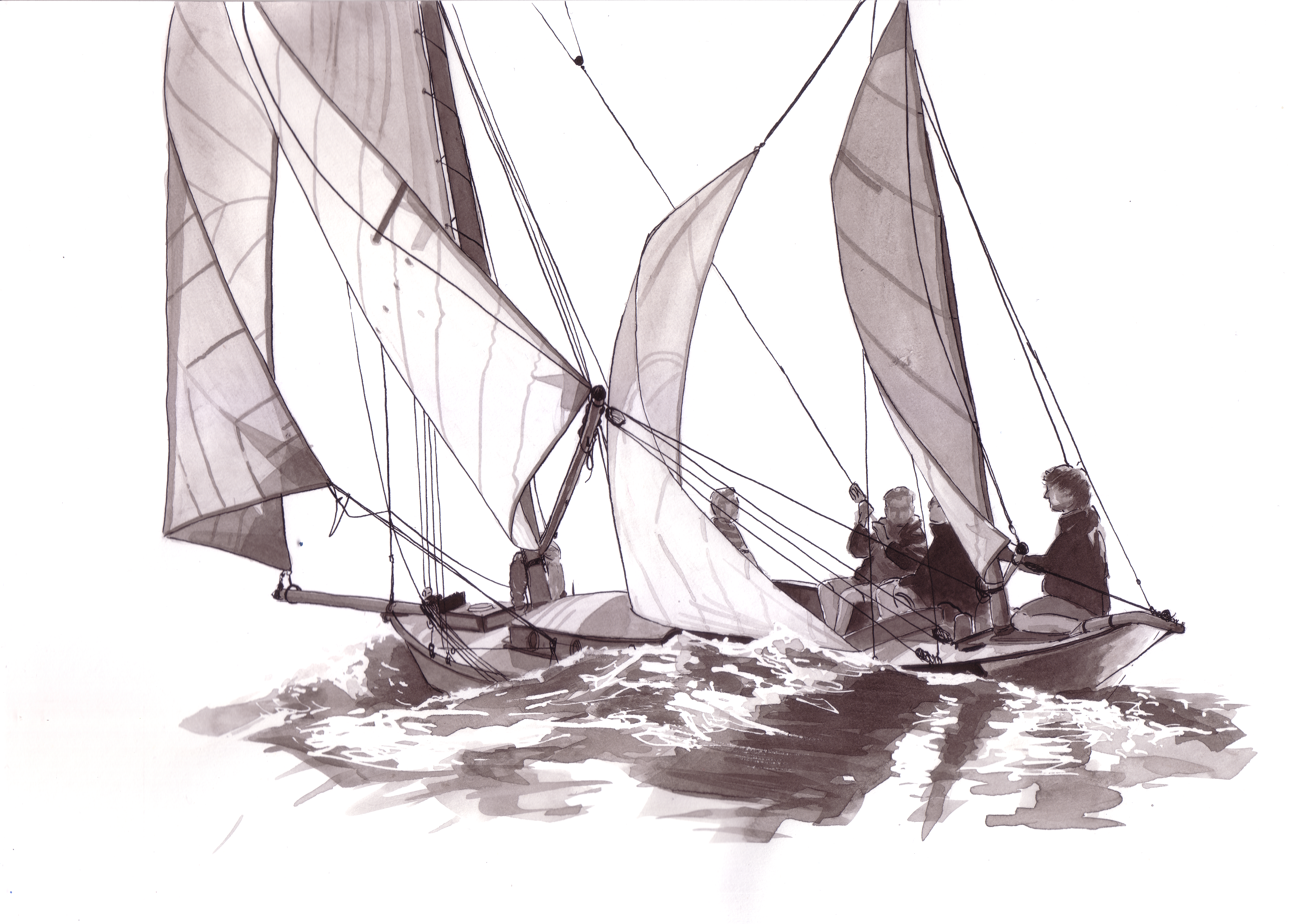 Sailing boats drawing — pen and ink wash, two boats crossing with crew aboard